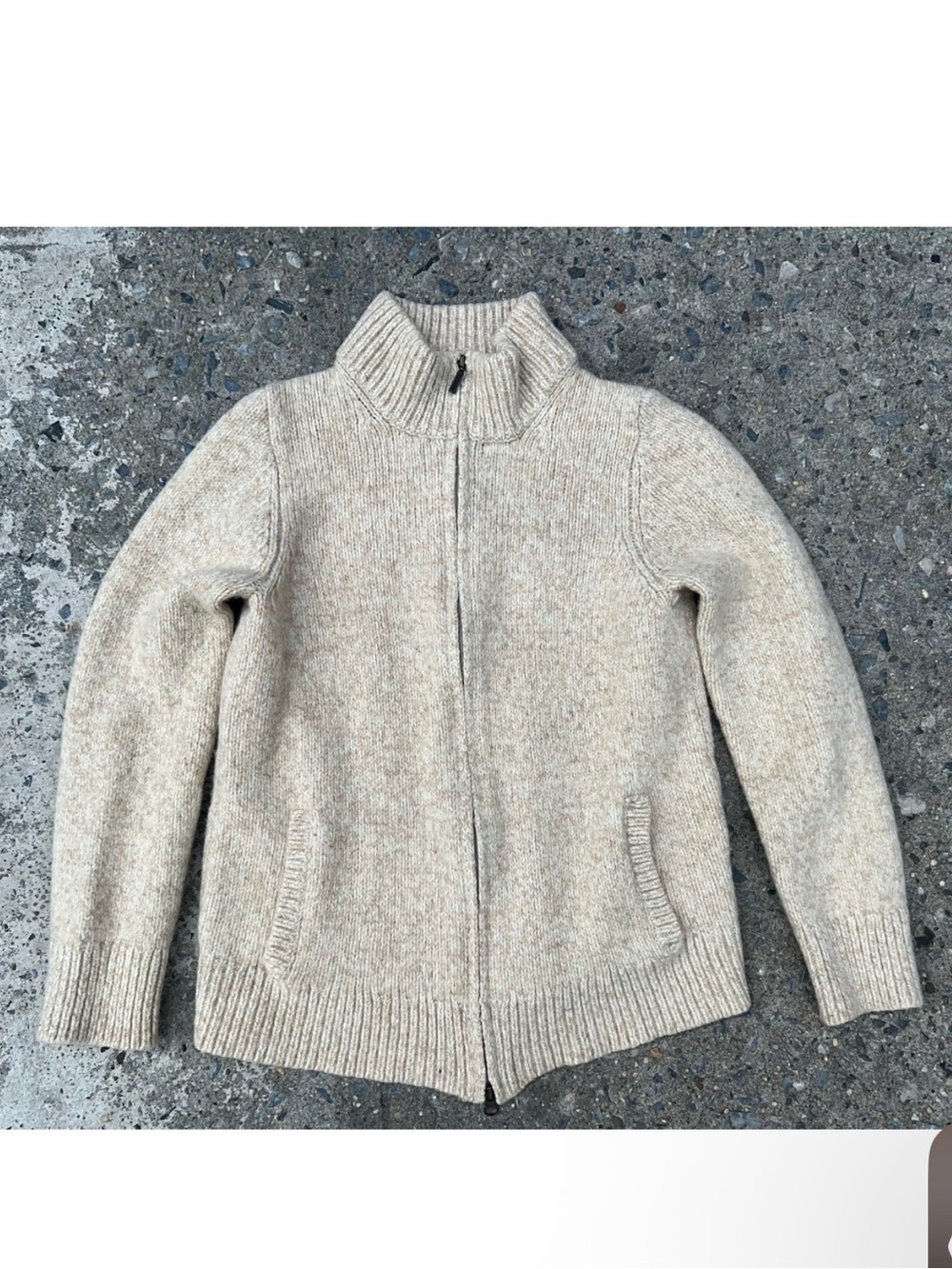 LL Bean 100% Lambs Wool Full Zip Cardigan Sweater Womens Medium Beige
